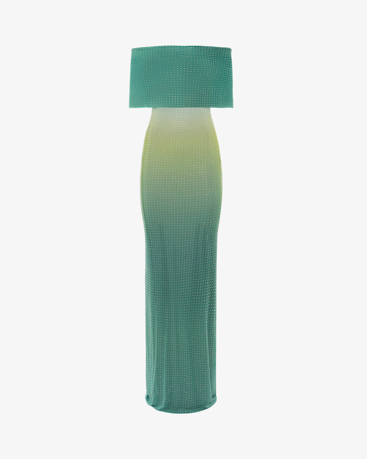 Abito lungo in mesh sfumato con applicazioni