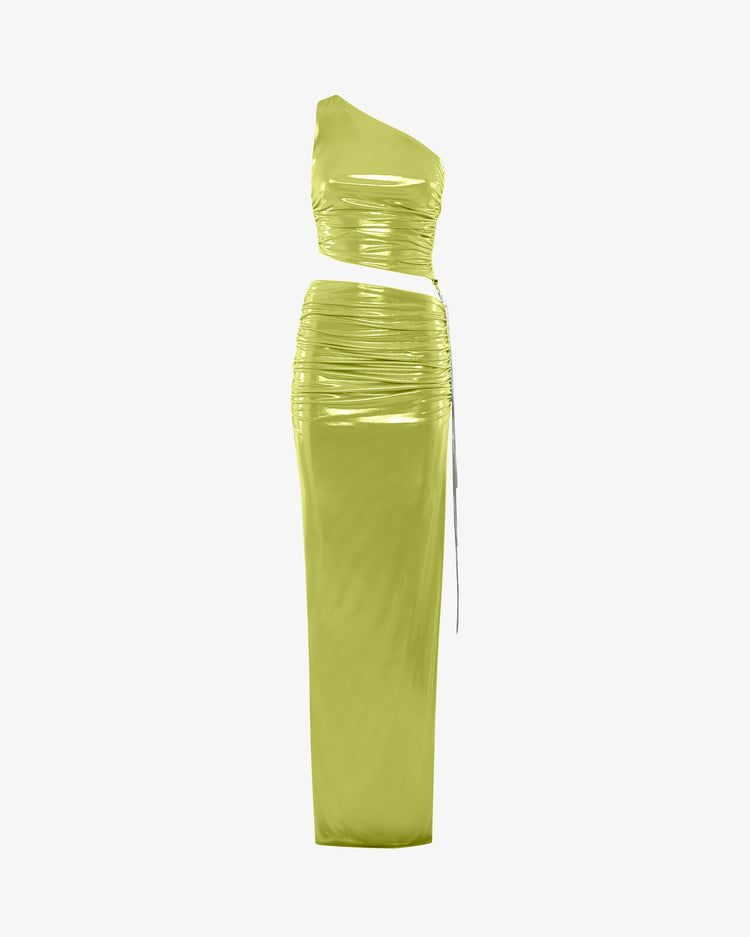 Abito lungo monospalla in jersey metallizzato con cut-out e accessorio metallico