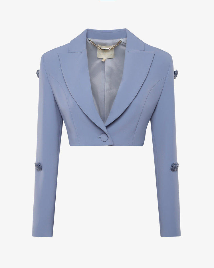 Giacca cropped in crêpe con applicazioni in vetro