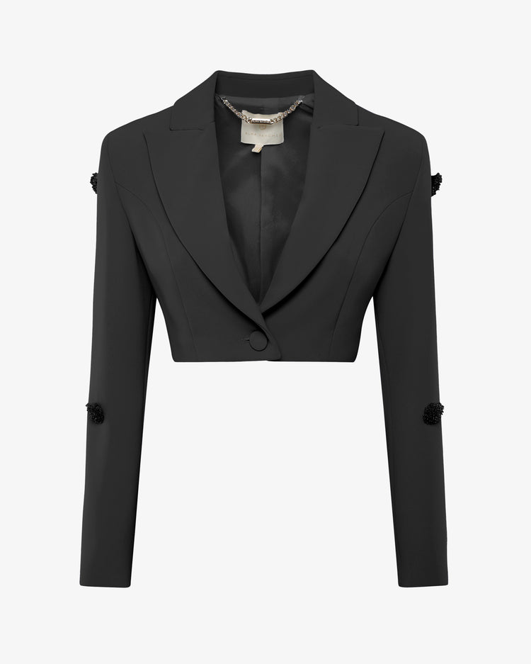 Giacca cropped in crêpe con applicazioni in vetro