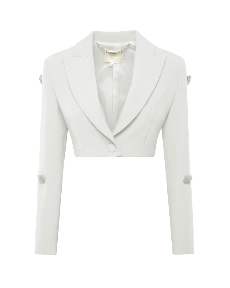 Giacca cropped in crêpe con applicazioni in vetro