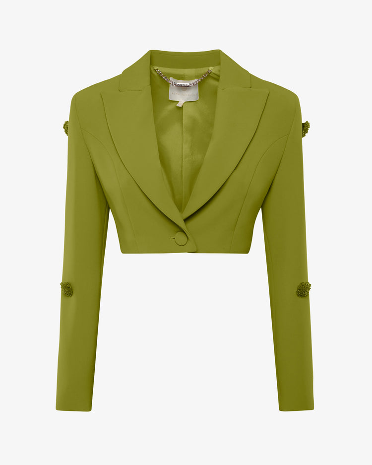 Giacca cropped in crêpe con applicazioni in vetro