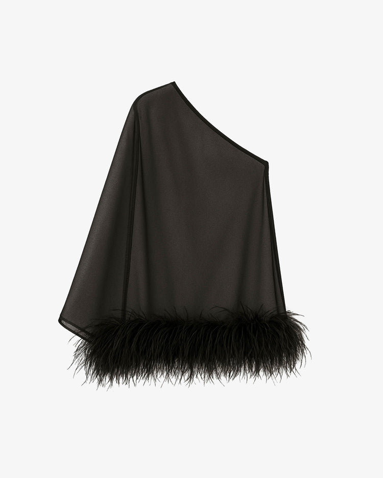 Abito lungo in jersey con coprispalle monospalla in chiffon e piume