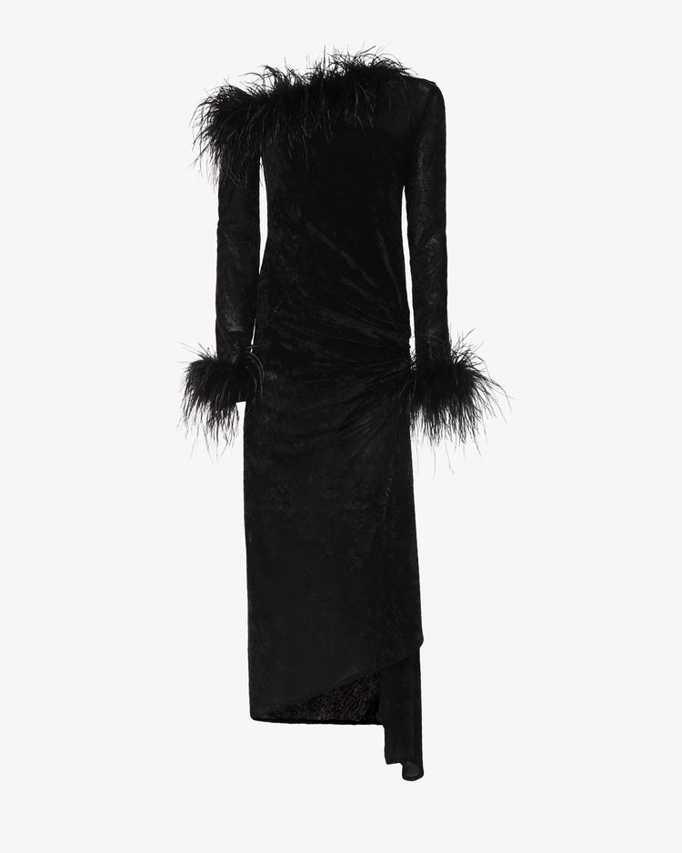 Abito midi asimmetrico con dettagli in piume