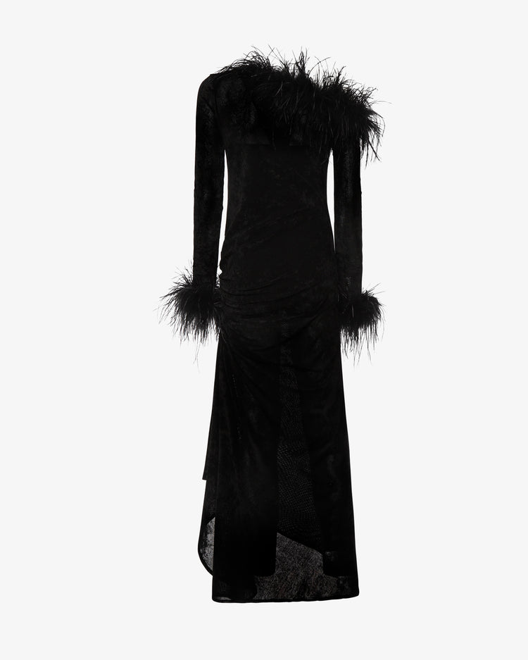 Abito midi asimmetrico con dettagli in piume