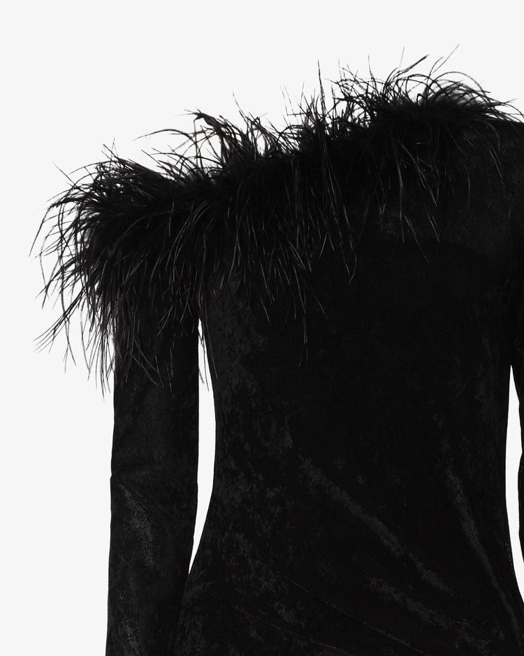 Abito midi asimmetrico con dettagli in piume