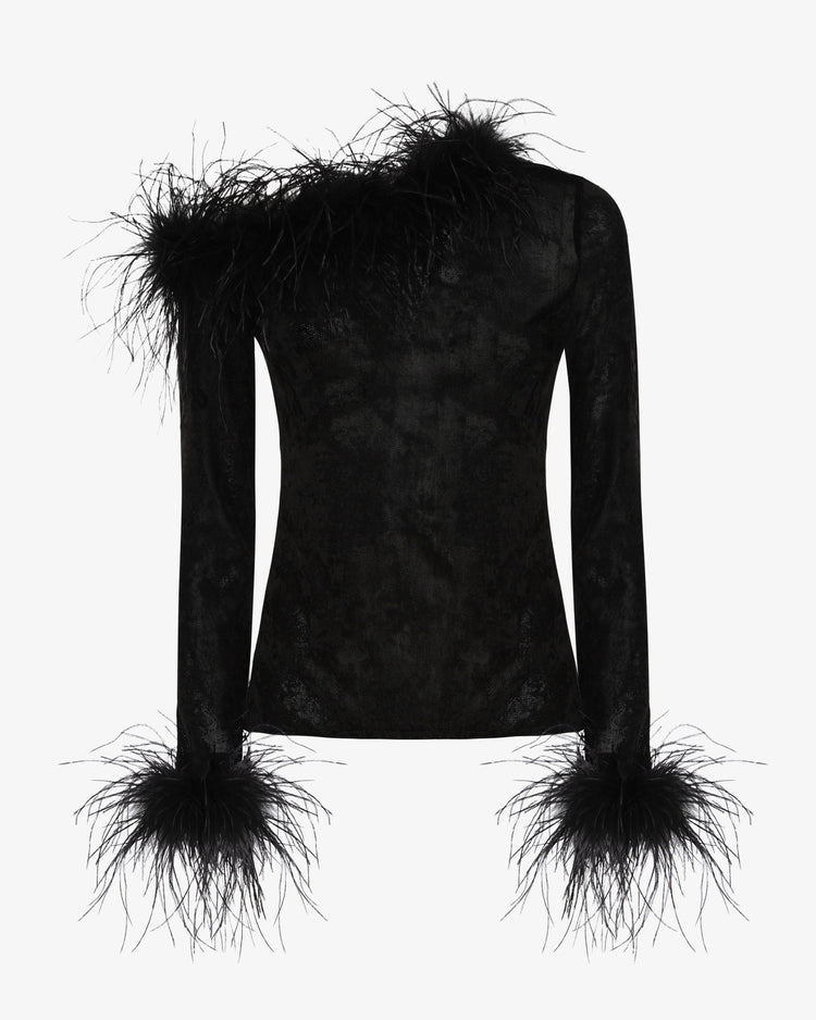 Top in rete con scollo asimmetrico e dettagli in piume