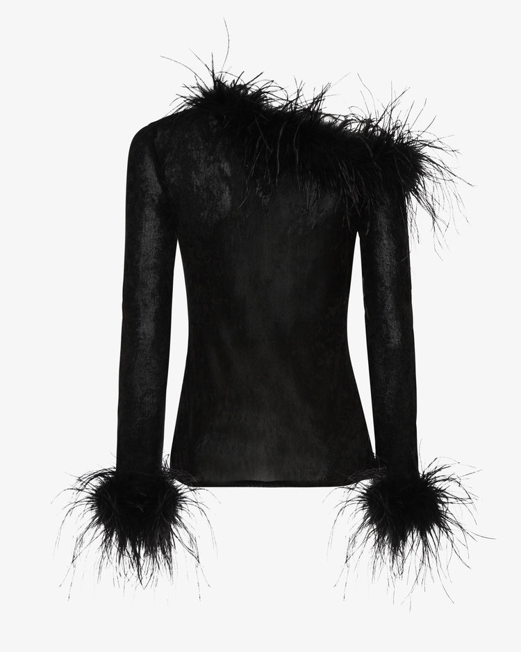 Top in rete con scollo asimmetrico e dettagli in piume