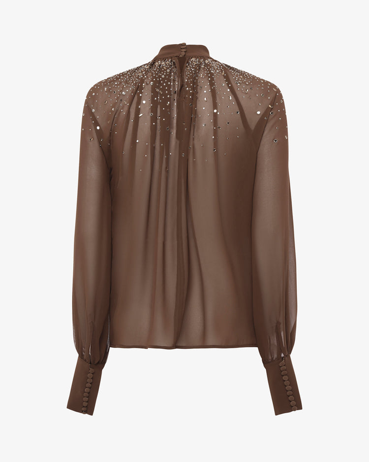 Blusa in georgette collo alto con applicazioni in strass