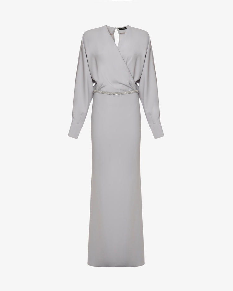 Abito lungo in tessuto fluido scollo incrociato e dettaglio gioiello