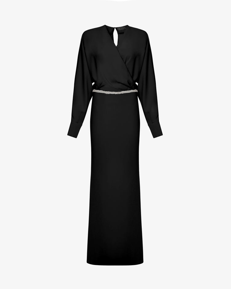 Abito lungo in tessuto fluido scollo incrociato e dettaglio gioiello