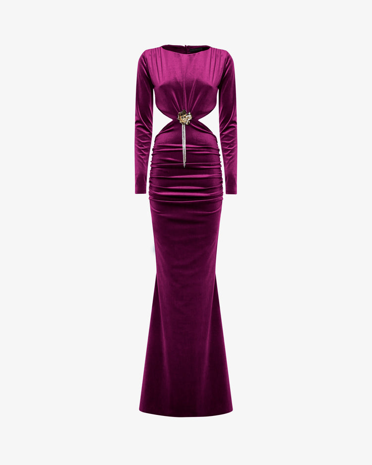 Abito lungo in velluto con cut out e decorazione metallica