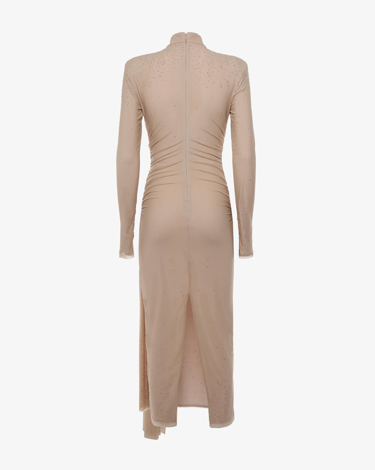 Abito midi accollato con drappeggi e strass