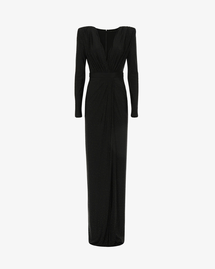 Abito lungo scollo profondo in jersey con applicazioni strass