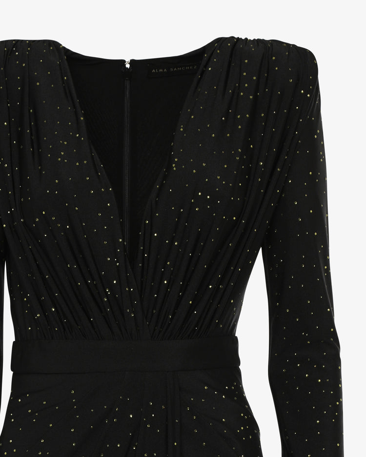 Abito lungo scollo profondo in jersey con applicazioni strass