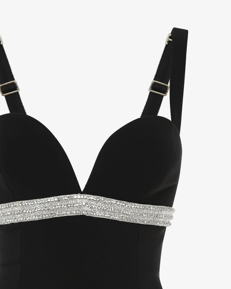 Abito lungo in crêpe con scollo profondo e applicazione gioiello