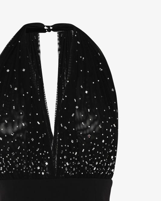 Tuta elegante in tessuto tecnico conbustino alto e corpetto di strass