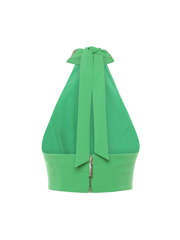 Short top in technical fabric with rhinestone American collar