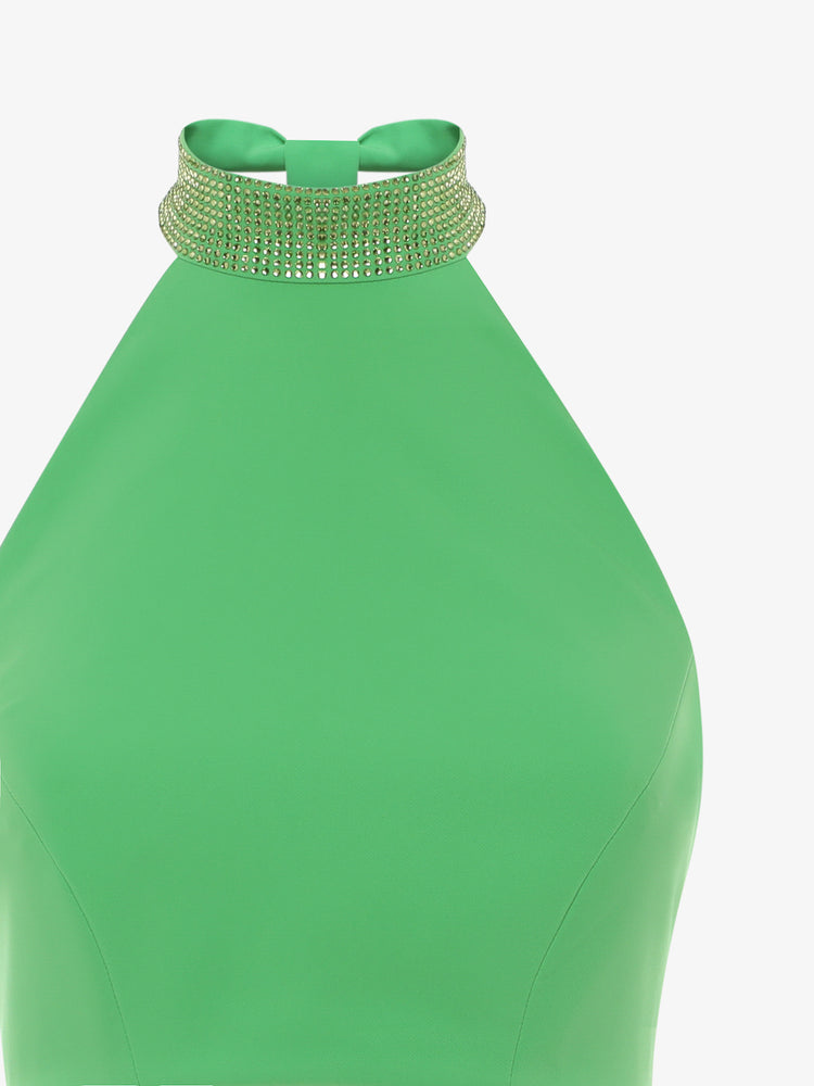 Short top in technical fabric with rhinestone American collar