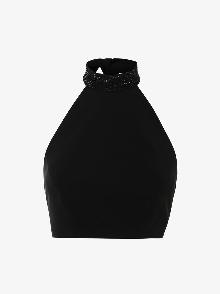 Short top in technical fabric with rhinestone American collar