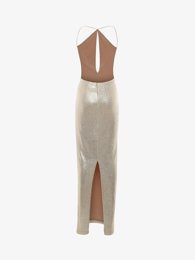 Long cut-out maxi dress in metallic jersey