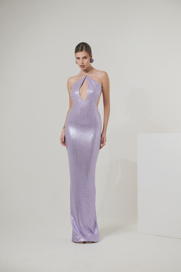 Long cut-out maxi dress in metallic jersey