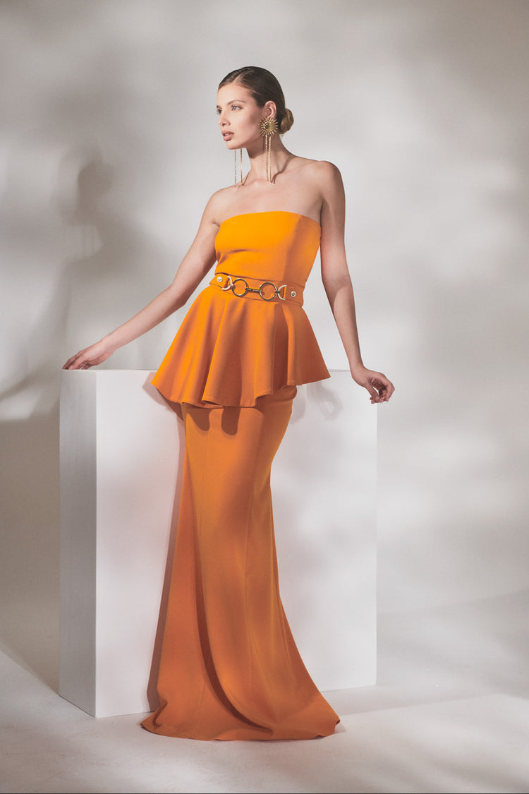 Long strapless dress with ruffles and metallic decoration at the waist in technical fabric