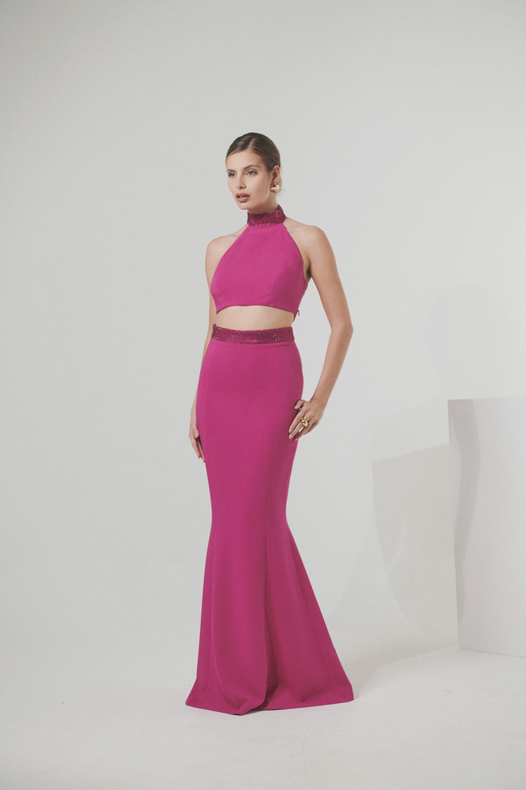 Long mermaid skirt in technical fabric with rhinestone bodice