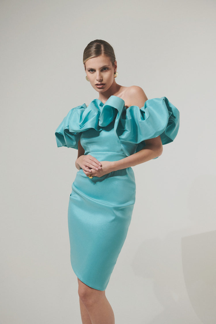 Strapless top with removable neckline in taffeta