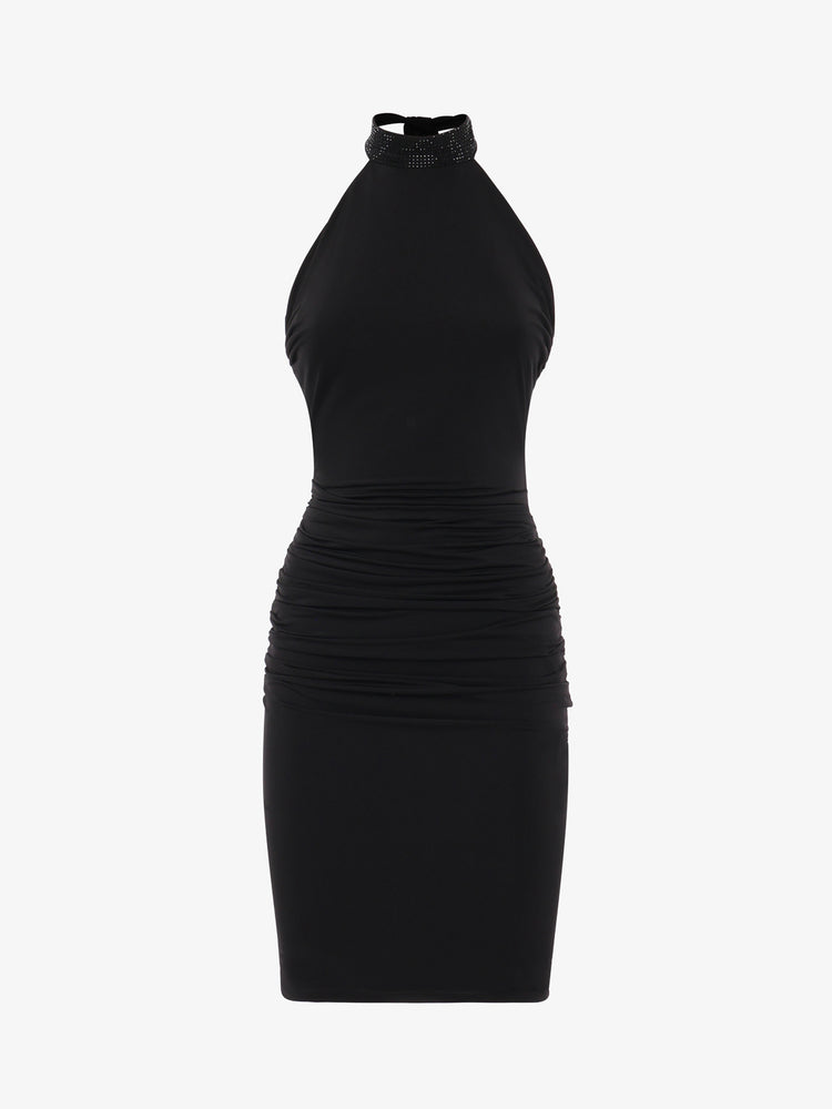 Jersey mini dress with rhinestone American neckline