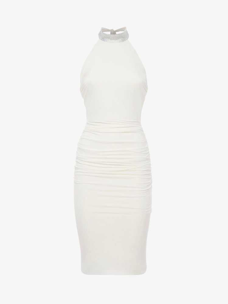 Jersey mini dress with rhinestone American neckline