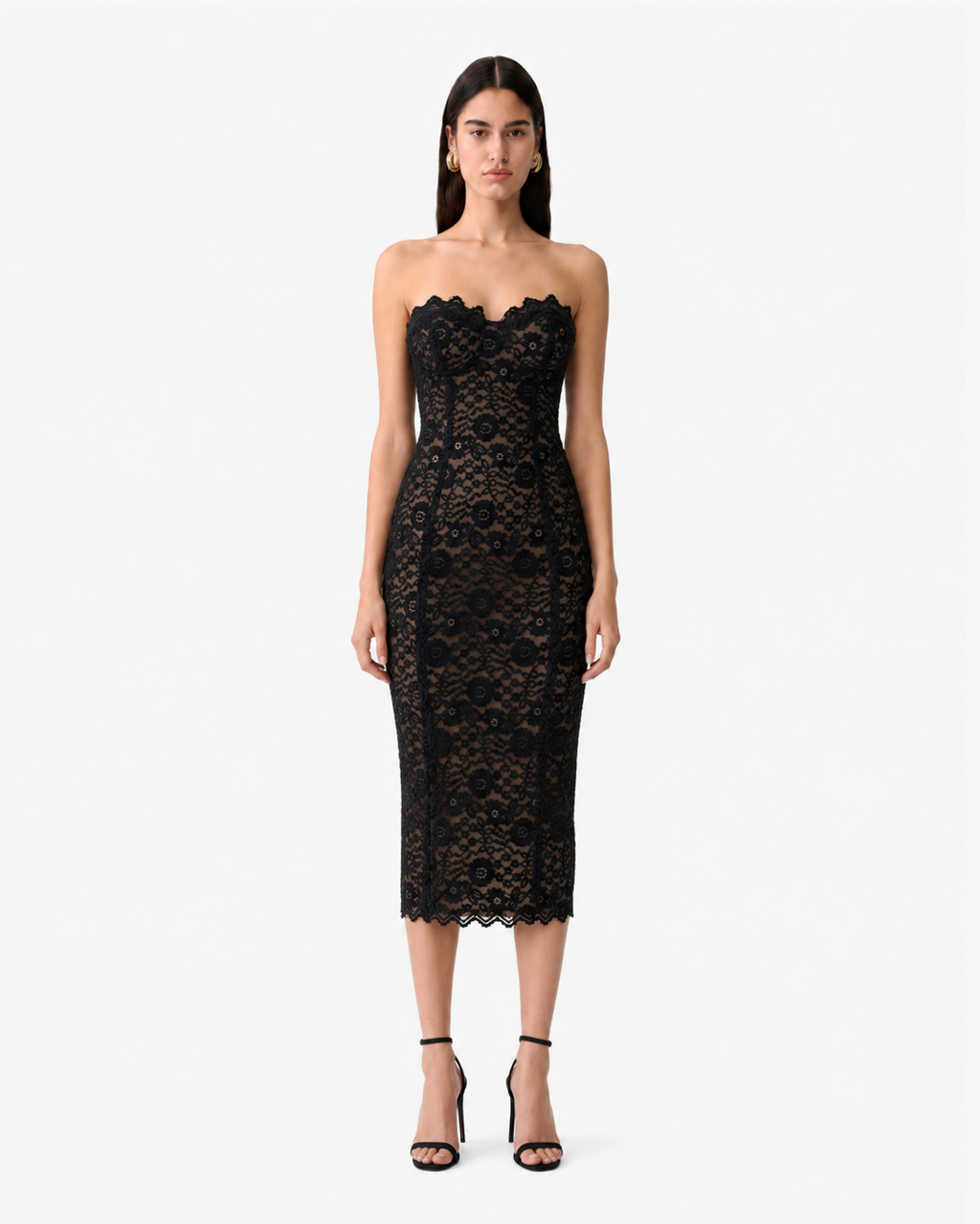 Abito bustier midi in pizzo di velluto