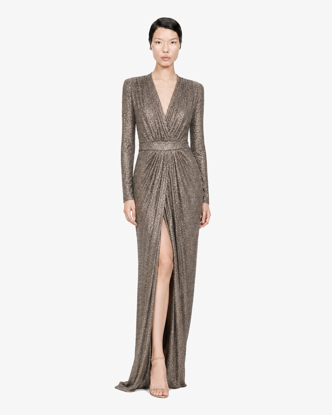 Abito lungo con scollo profondo in jersey e strass