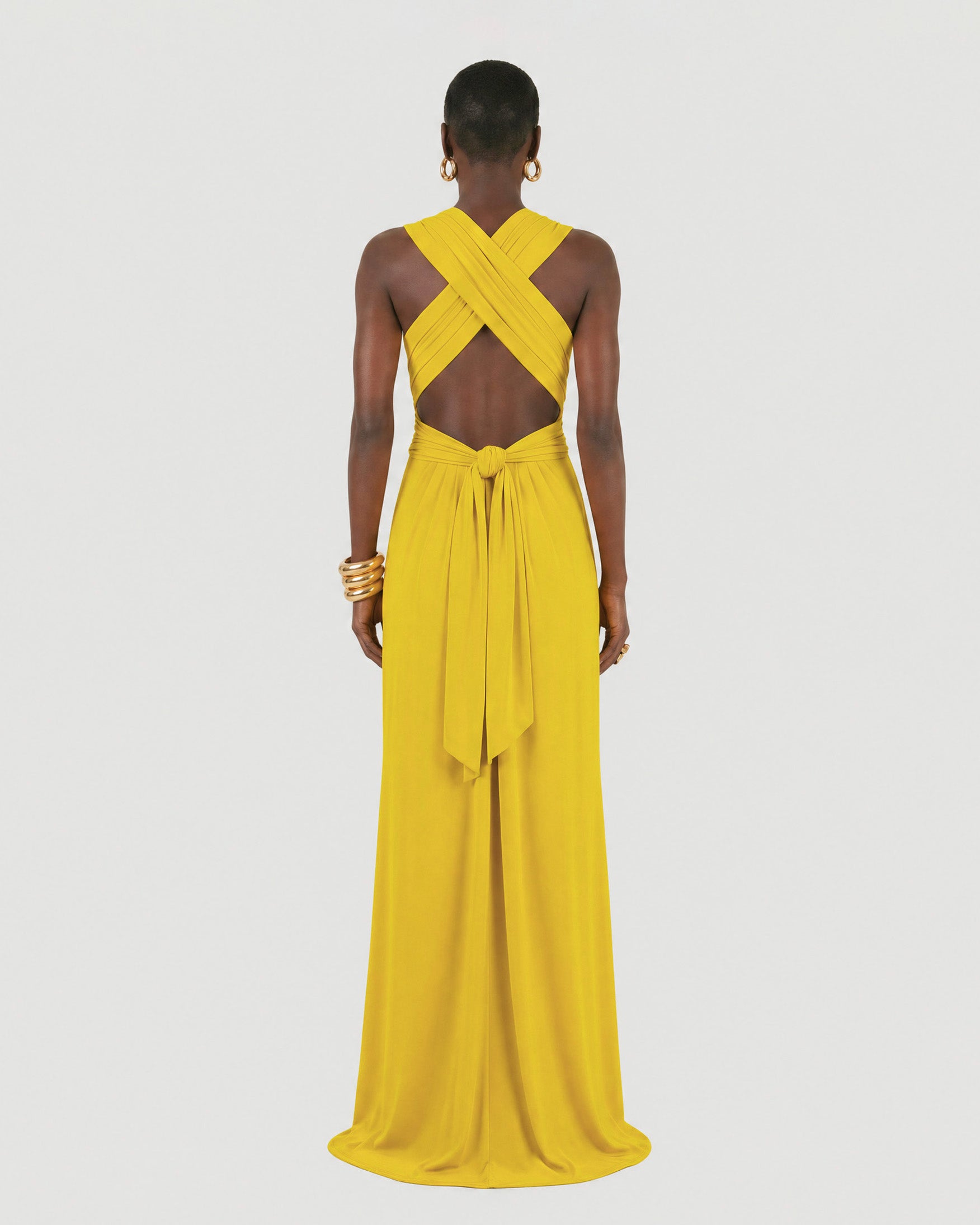 Long jersey dress with halter neckline