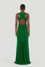 Long jersey dress with halter neckline