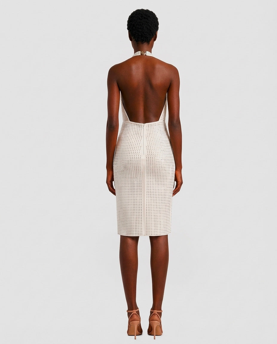 Abito corto con scollo all'americana e strass