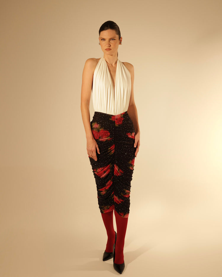 Gonna midi in rete stampata con strass e drappeggi
