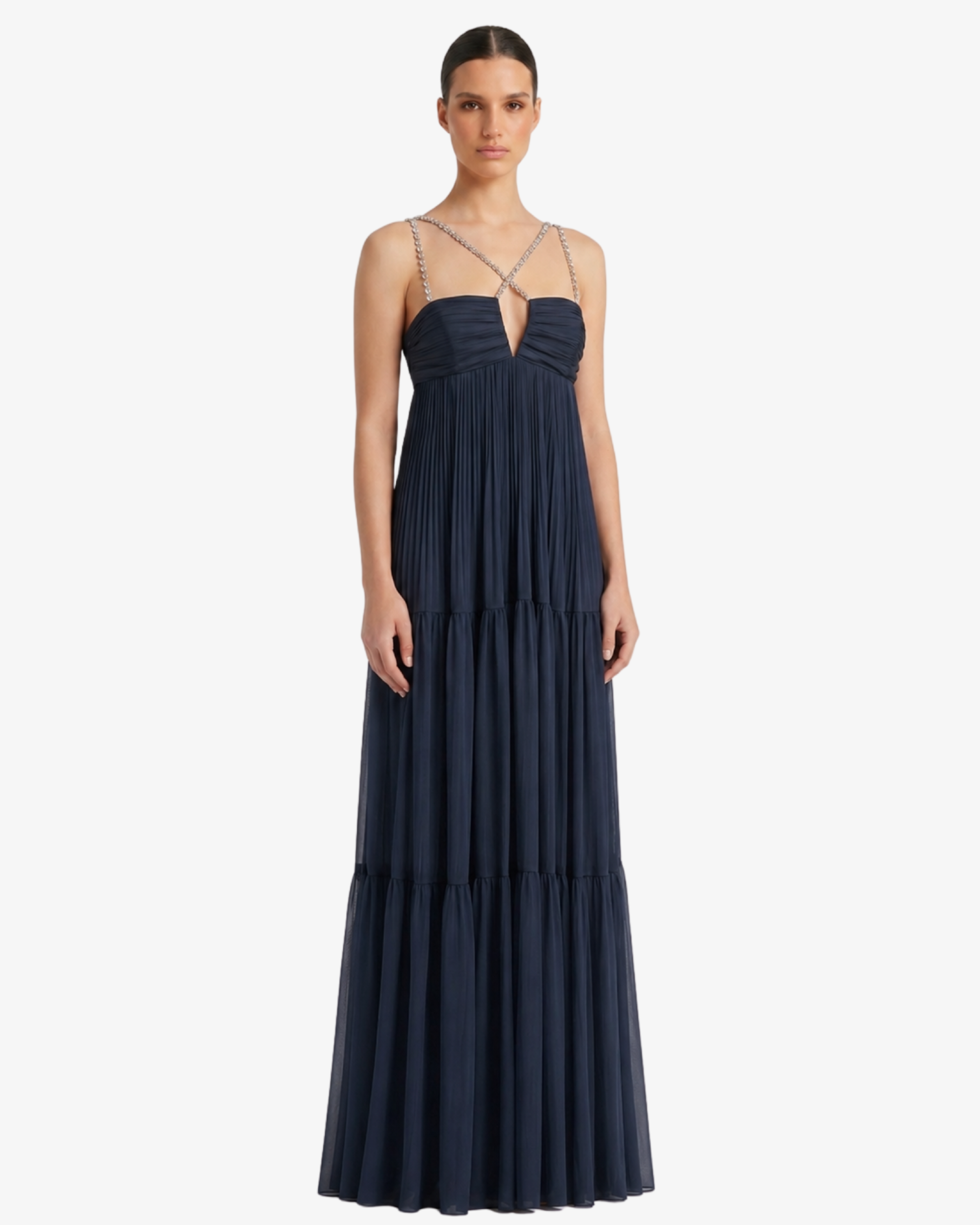 Abito lungo in georgette con accessori gioiello spalline