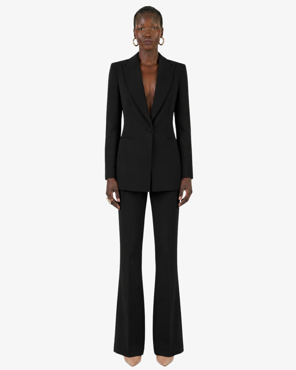 Tailleur in crêpe giacca monopetto e pantaloni flare