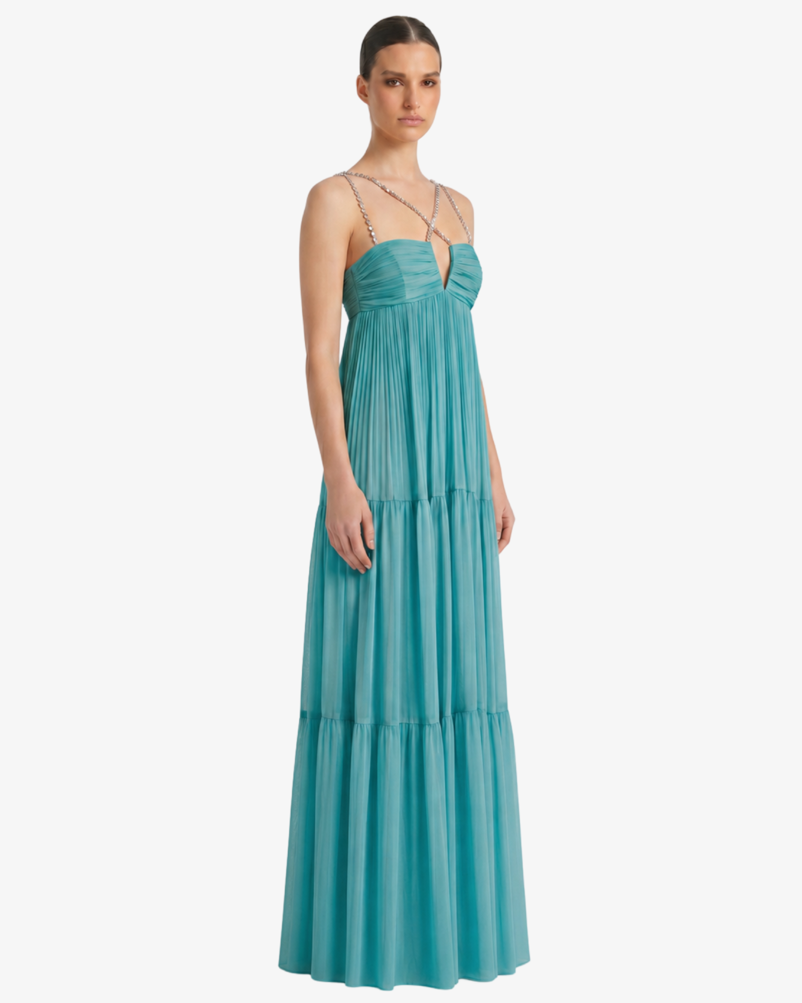 Abito lungo in georgette con accessori gioiello spalline