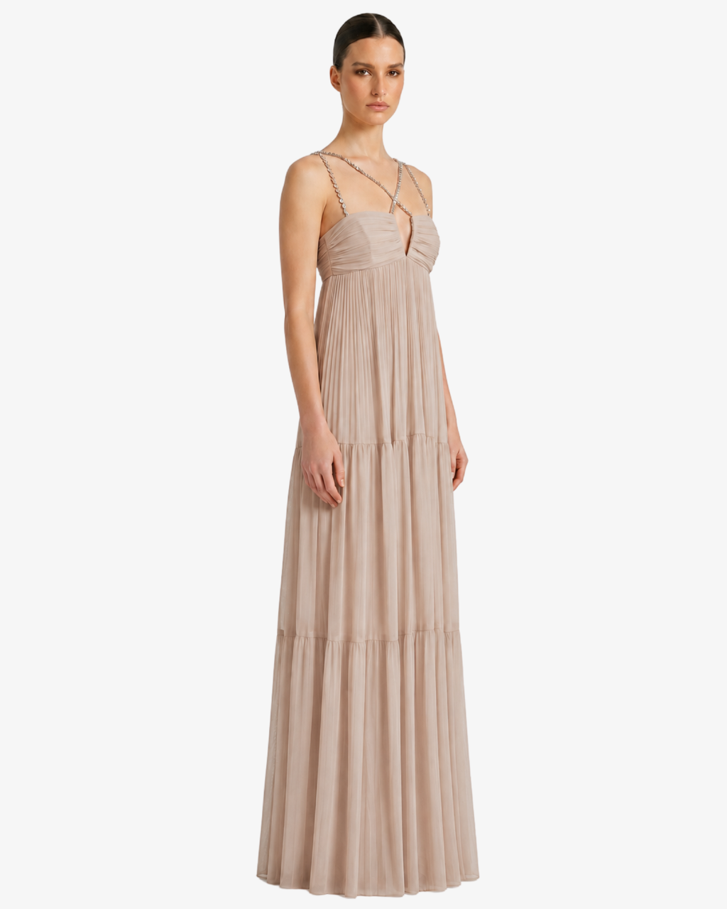 Abito lungo in georgette con accessori gioiello spalline