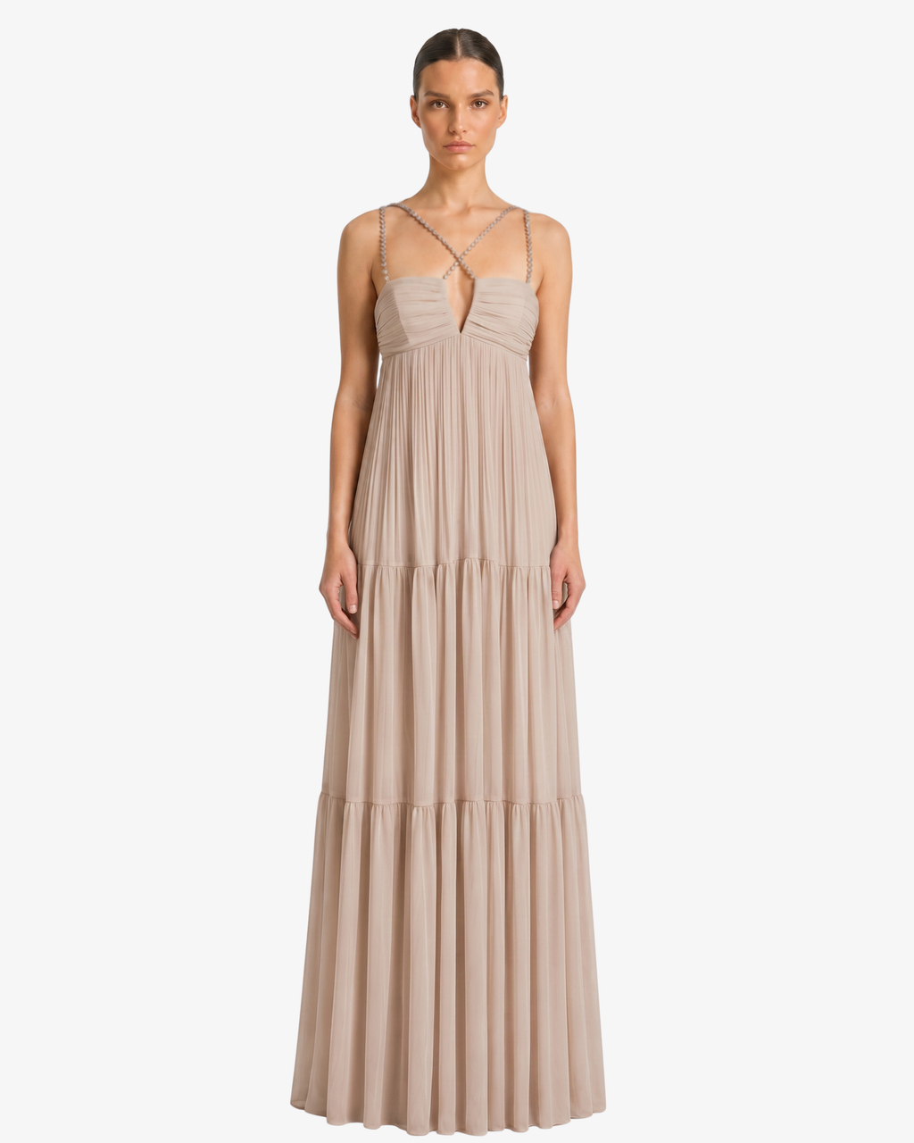 Abito lungo in georgette con accessori gioiello spalline