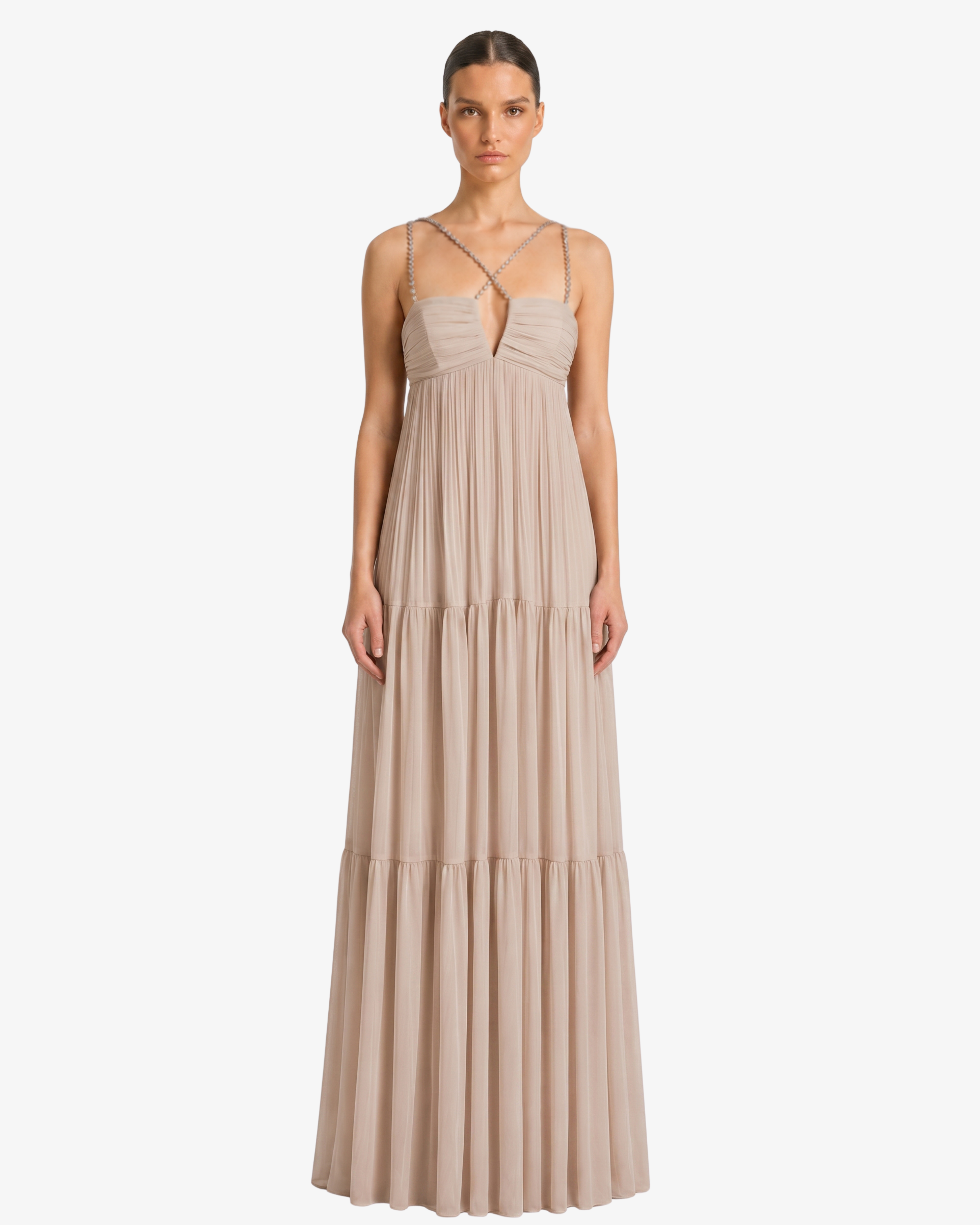 Abito lungo in georgette con accessori gioiello spalline