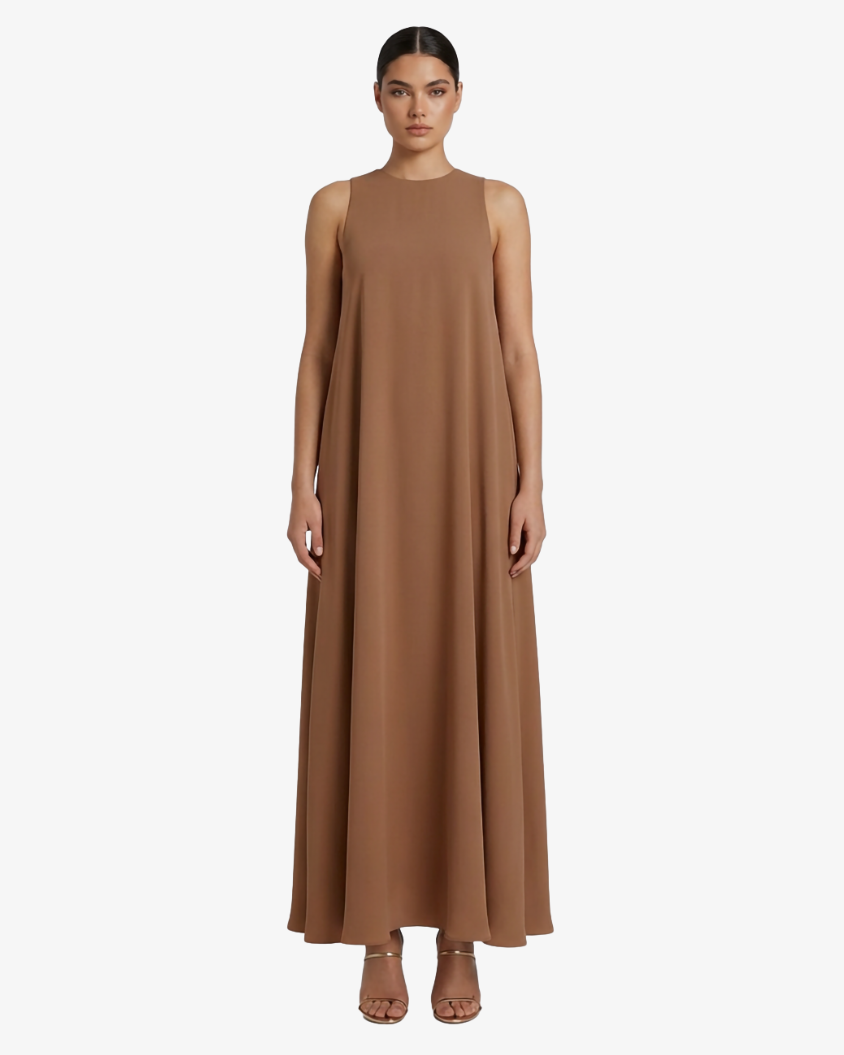 Abito lungo in georgette svasato con accessorio gioiello schiena