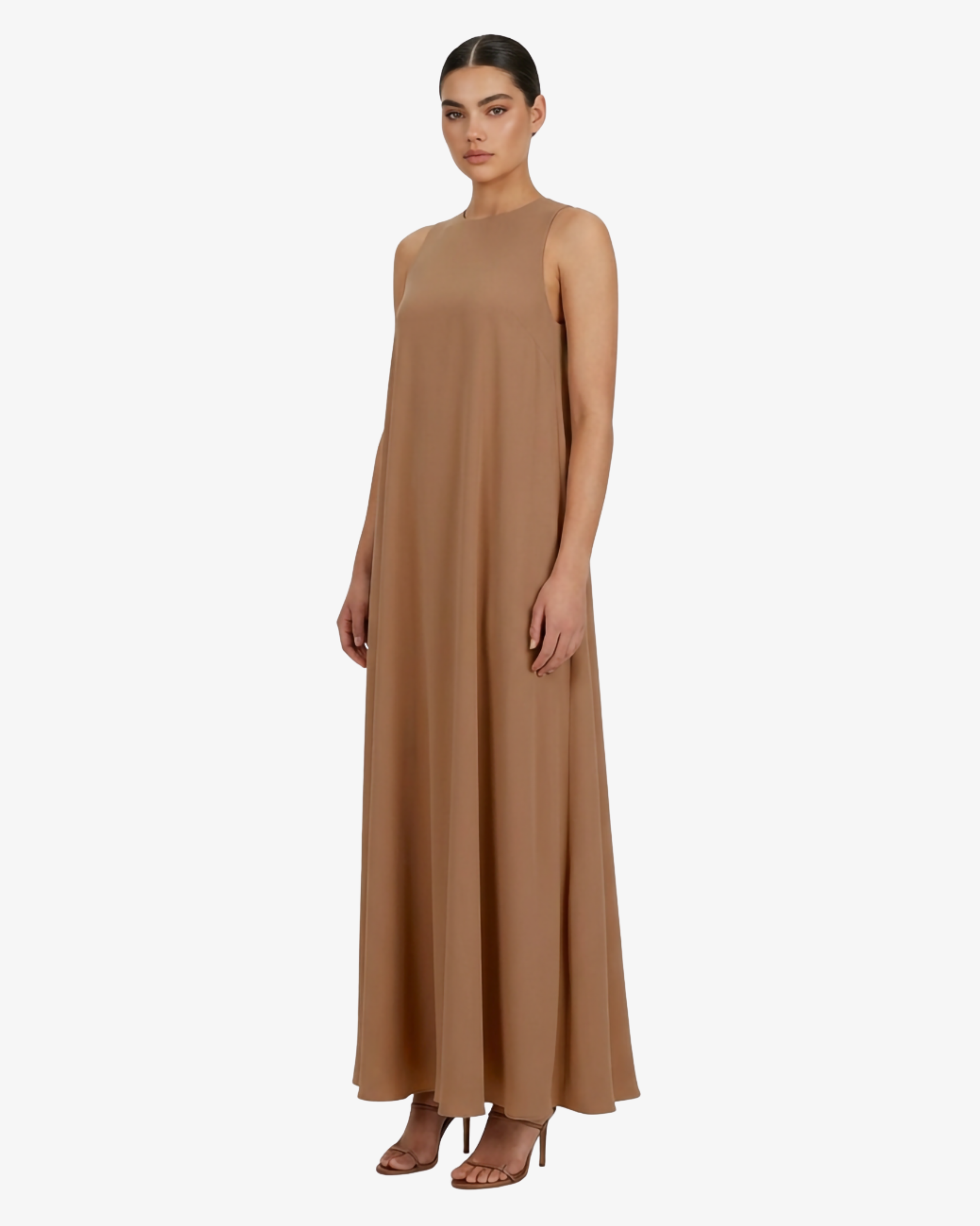 Abito lungo in georgette svasato con accessorio gioiello schiena
