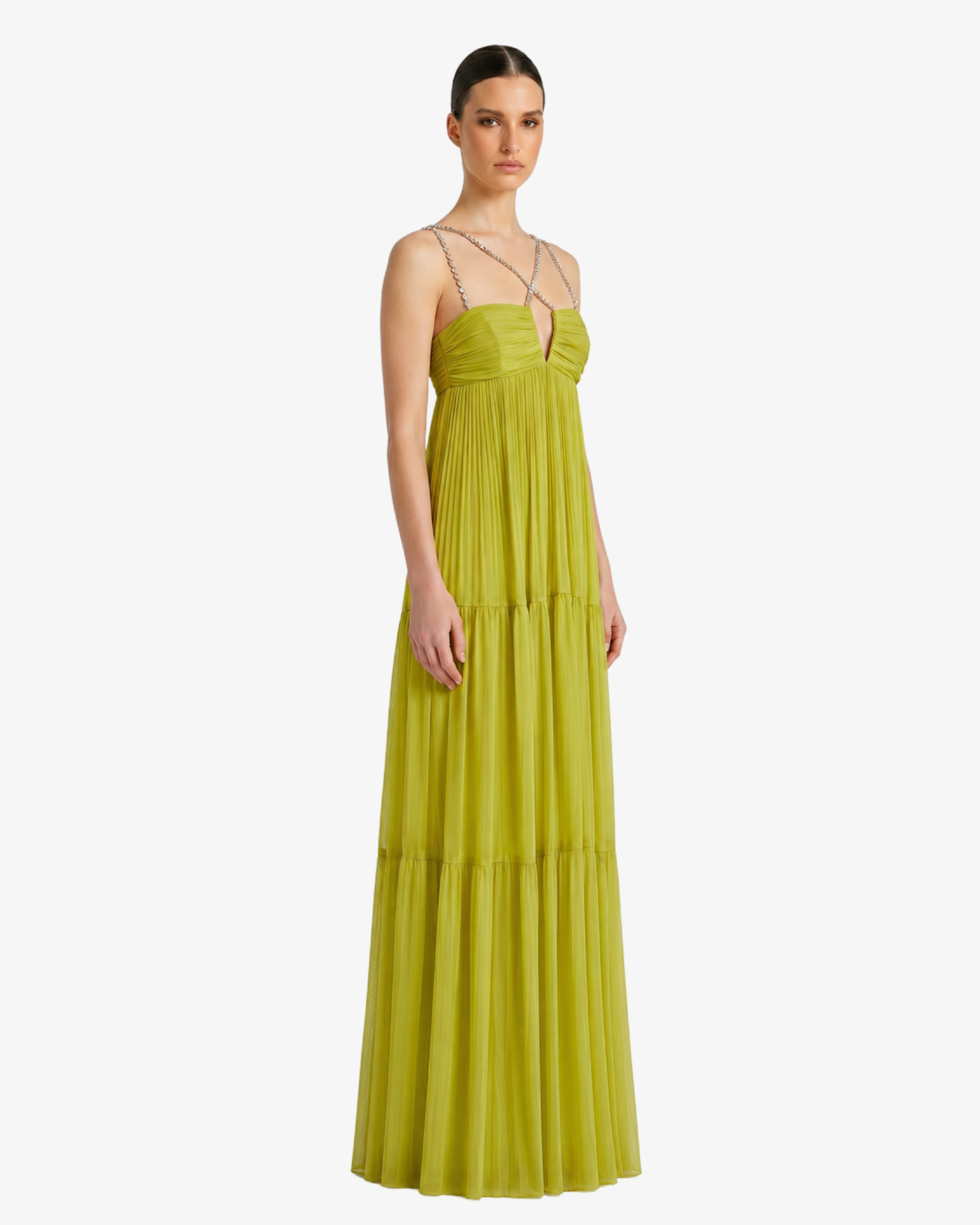 Abito lungo in georgette con accessori gioiello spalline