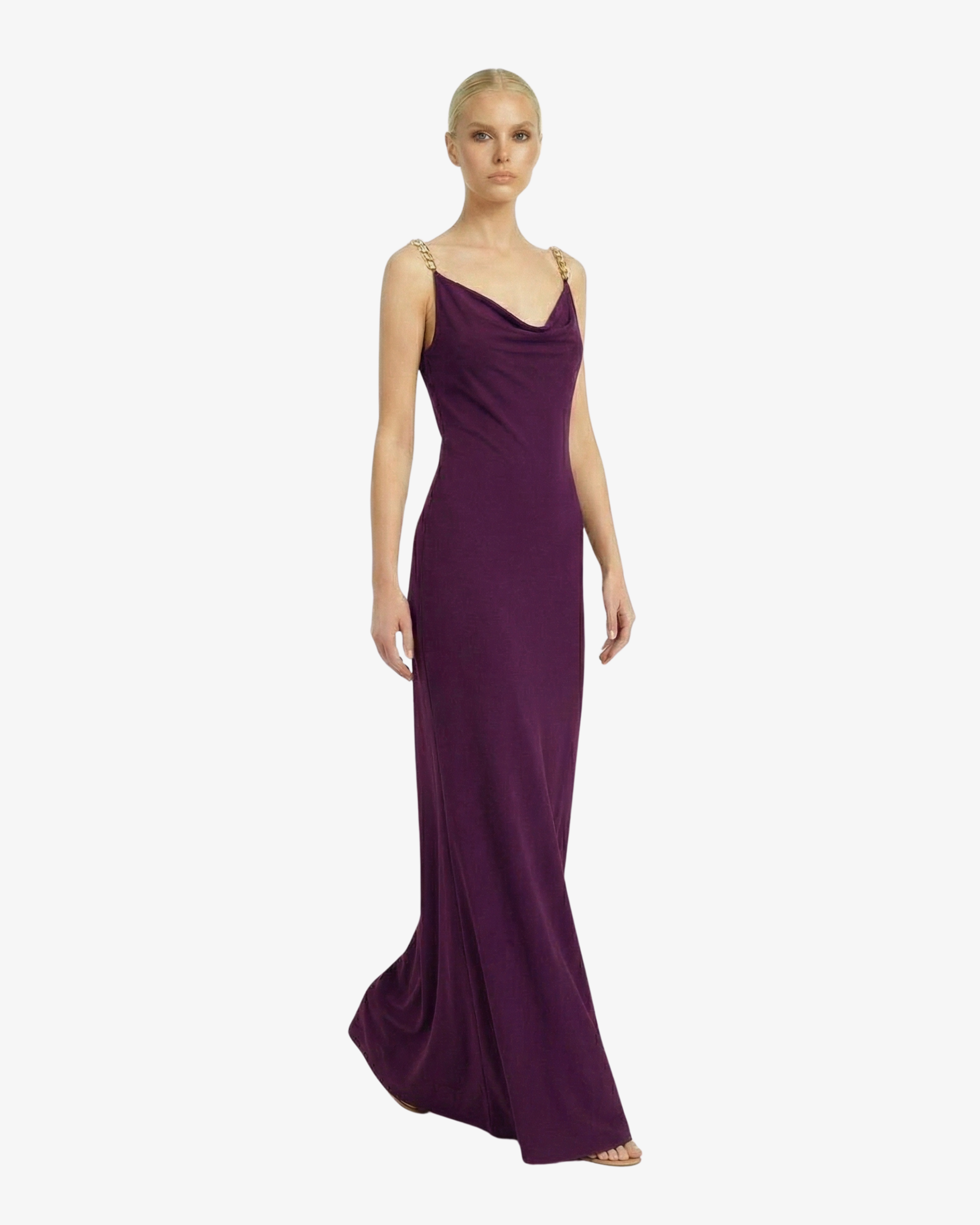 Abito lungo sottoveste con schiena scoperta e accessorio in perle