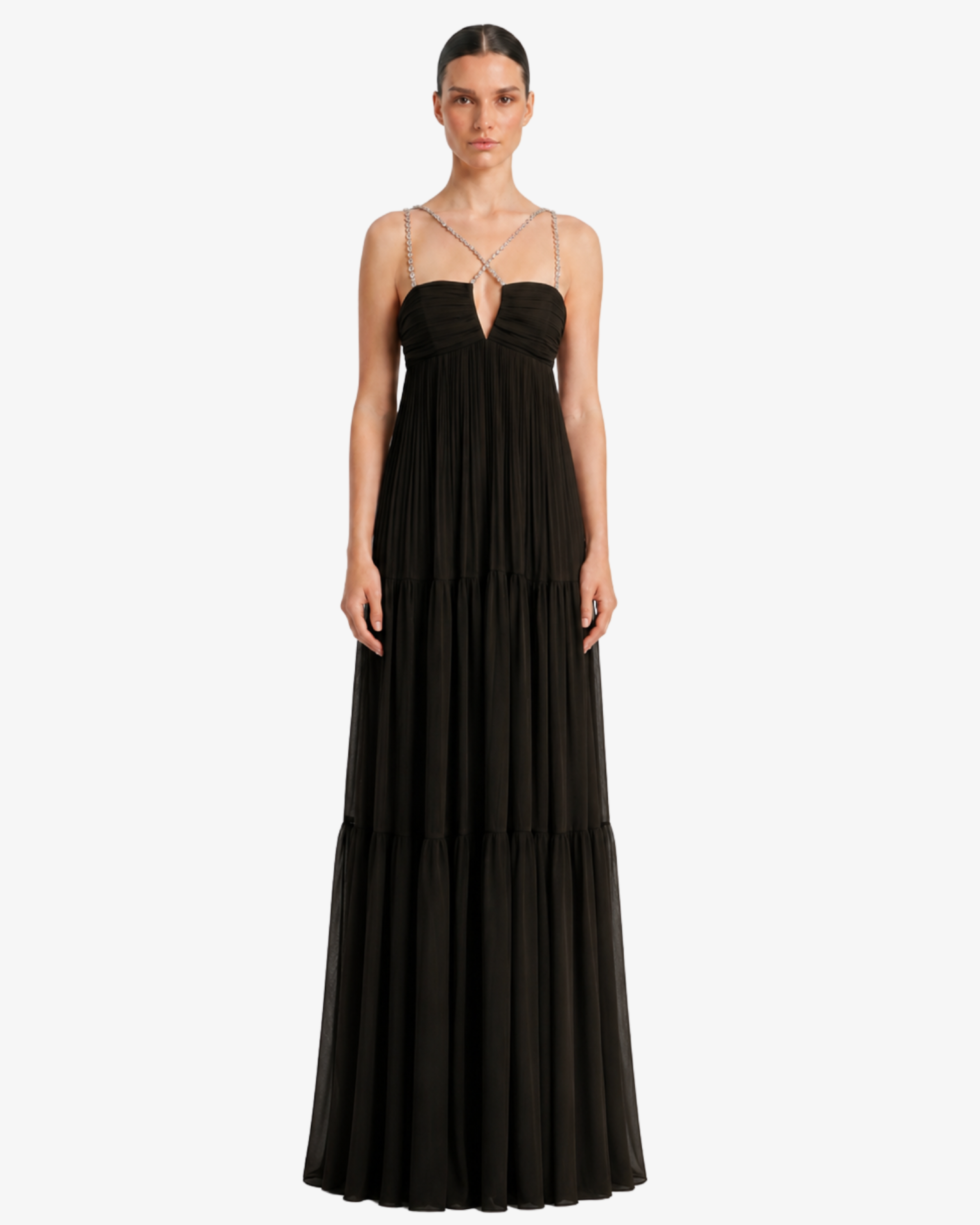 Abito lungo in georgette con accessori gioiello spalline