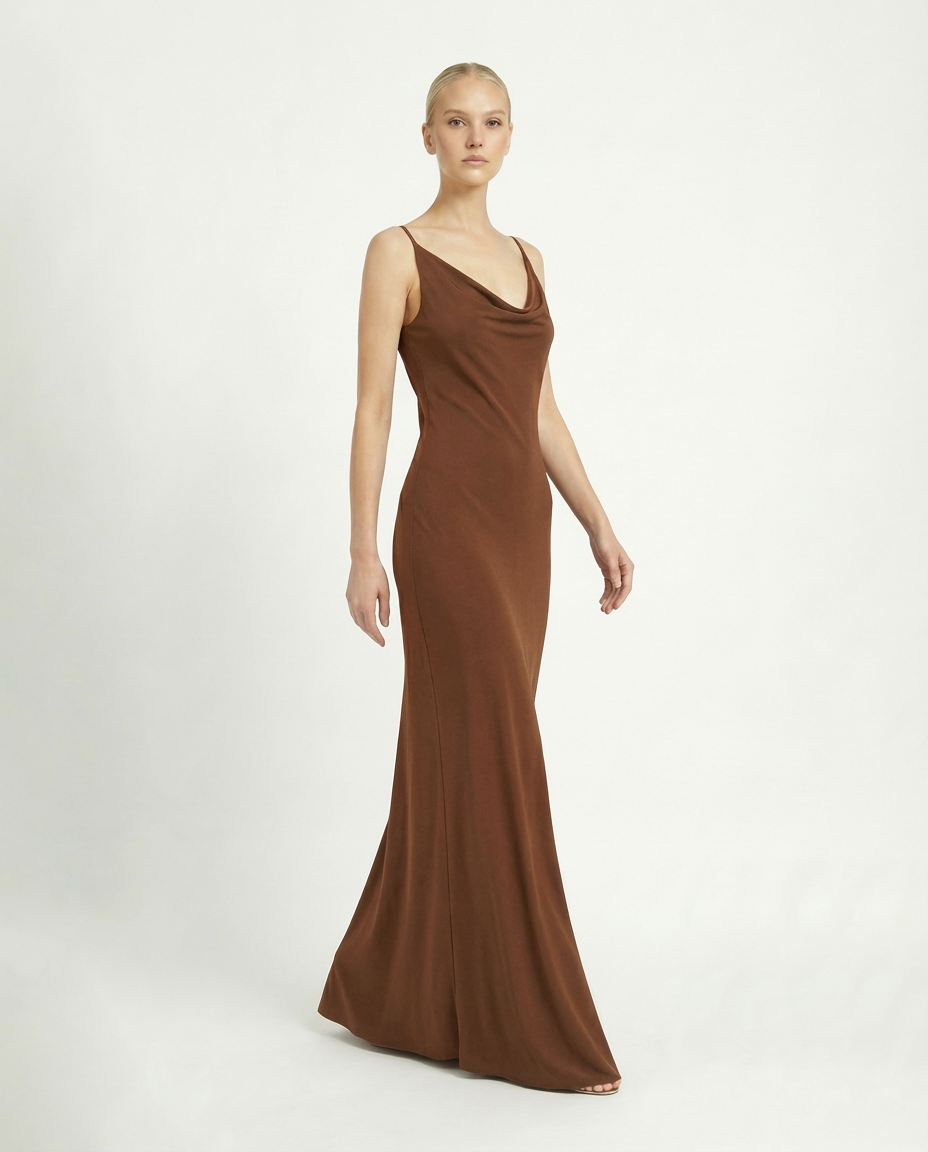 Abito lungo sottoveste con schiena scoperta e accessorio in perle