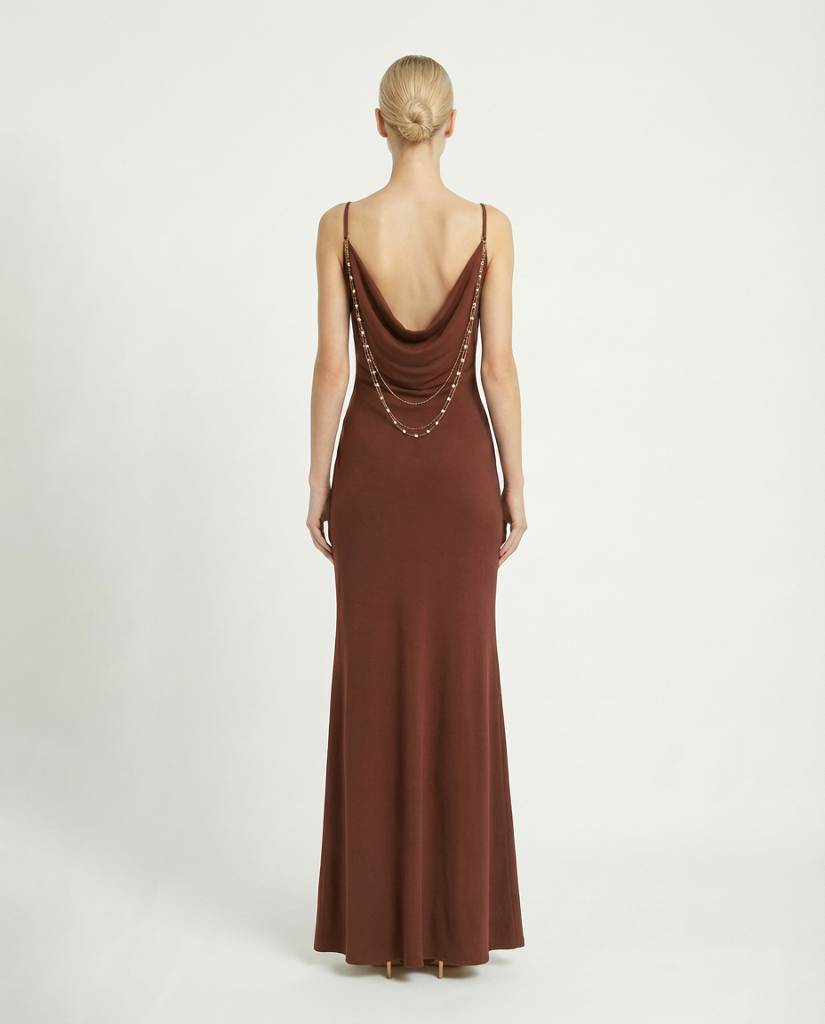 Abito lungo sottoveste con schiena scoperta e accessorio in perle